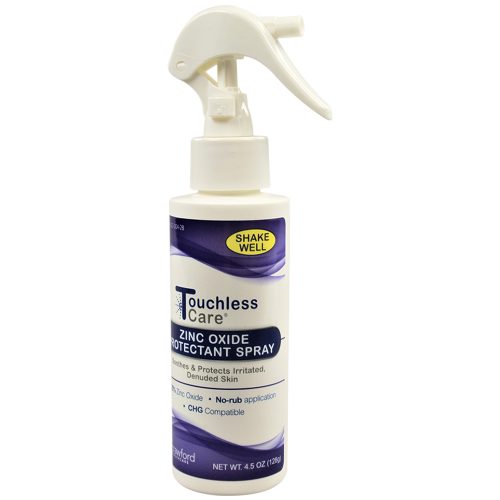 white and purple spray bottle Touchless Care Zinc Oxide Protectant Spray