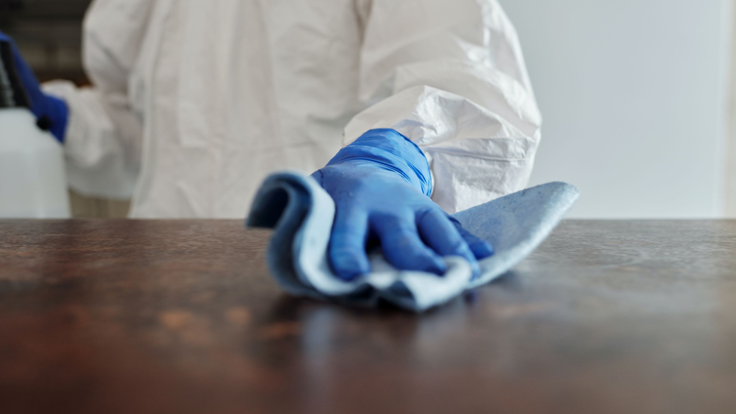 person with blue glove wiping table