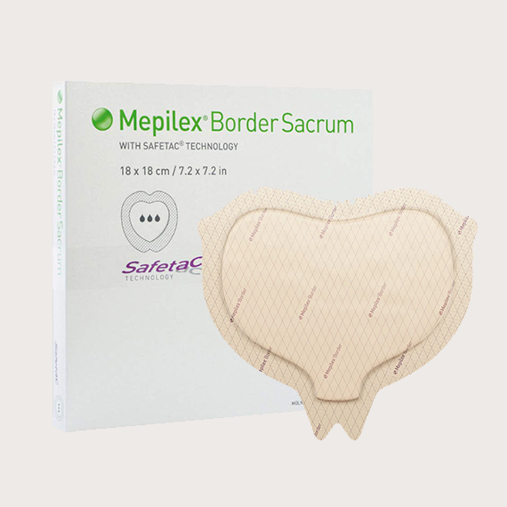 Showing box and product for Sacral Mepilex Border Foam Dressing.